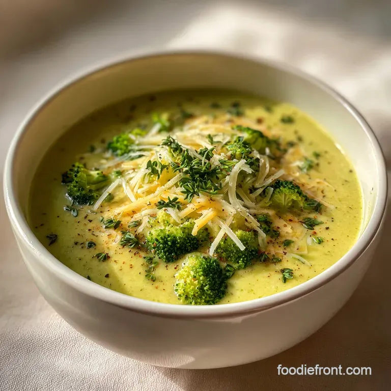 Steaming bowl of cheesy broccoli cauliflower soup. Topped with fresh parsley and served in a rustic ceramic bowl.