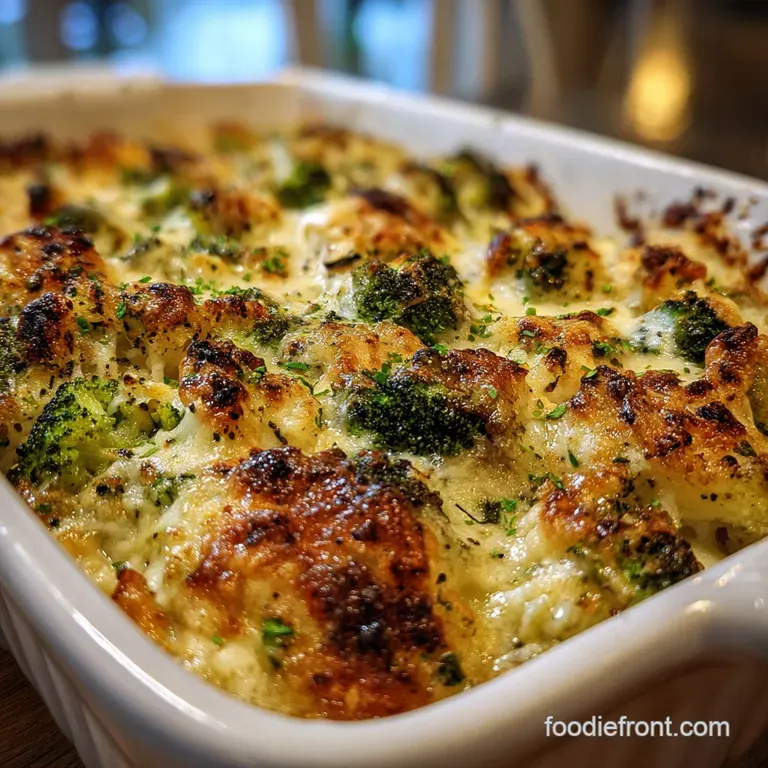 Creamy casserole served in a white dish. Topped with toasted breadcrumbs and parsley. Warm, comforting, and subtly textured.