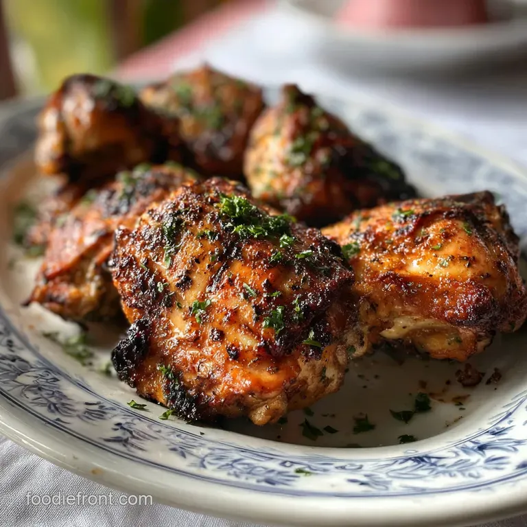 Perfectly broiled chicken thigh on a white plate with vibrant green beans and roasted red peppers. Steamy and appetizing, ...