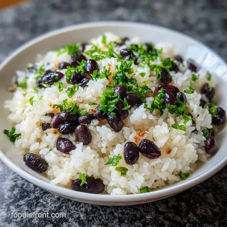 A ceramic bowl of savory rice and beans topped with sliced avocado and a wedge of lime on a rustic linen napkin.