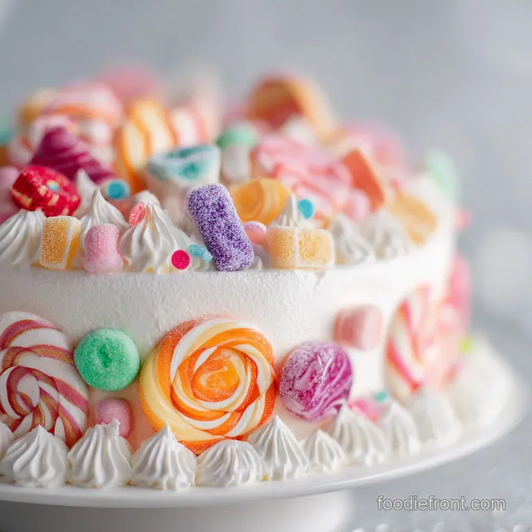 Slice of candy cake on white plate. Multi-colored layers. Various textures; hard candies, chocolate pieces. Playful dessert.