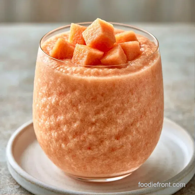 Pale orange smoothie in a chilled glass topped with a mint sprig and fresh melon balls on a white marble surface.