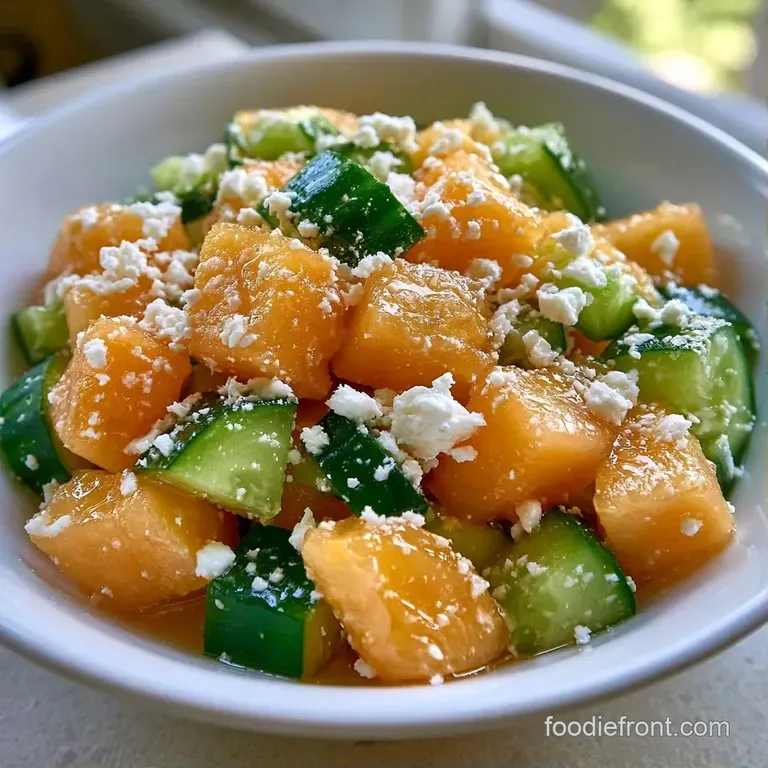 Vibrant orange melon and pale green cucumber cubes topped with crumbled white cheese on a minimalist ceramic plate.