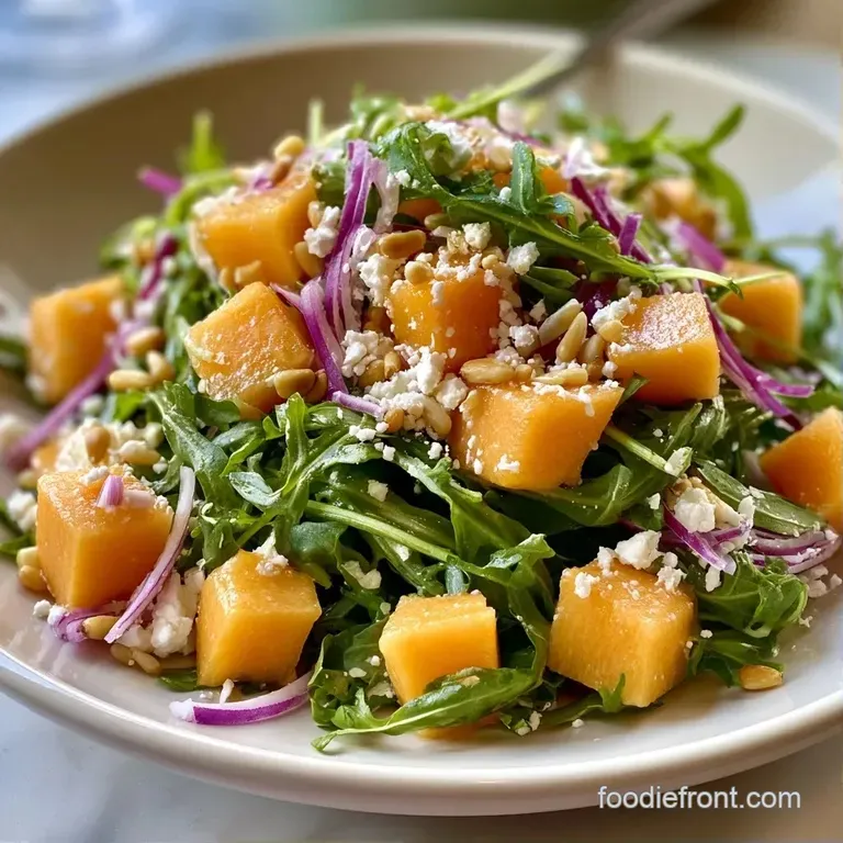 Artfully arranged orange melon slices paired with fresh baby arugula and a drizzle of glossy balsamic glaze on a plate.