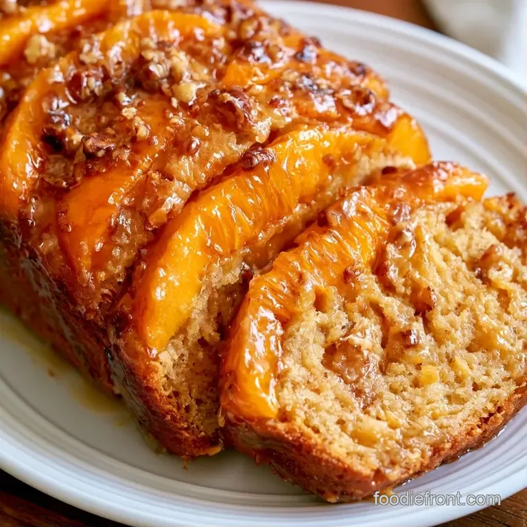Thick slices of orange-tinted bread arranged on a white platter, drizzled with amber syrup and topped with toasted pecans.