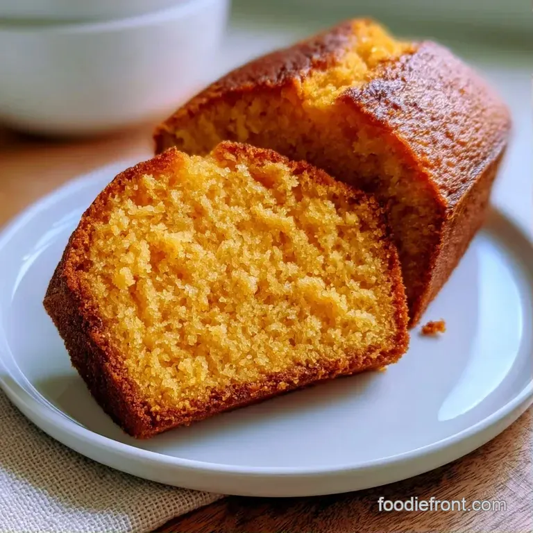 Two thick slices of pale orange cake served on a white ceramic plate with a drizzle of honey and a mint sprig.