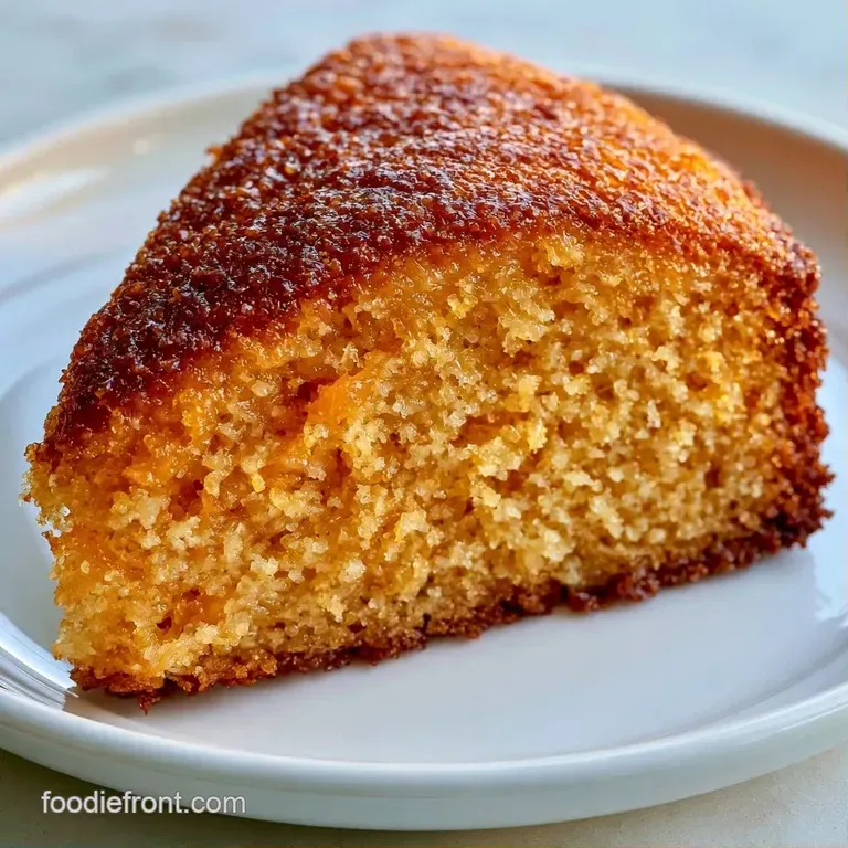 Thin slice of orange-tinted cake on a marble plate with a dollop of whipped cream and a fresh green mint leaf.