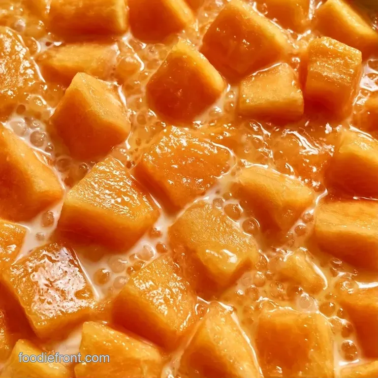 A sleek glass bowl filled with creamy white coconut milk, topped with bright orange melon and glistening sago pearls.