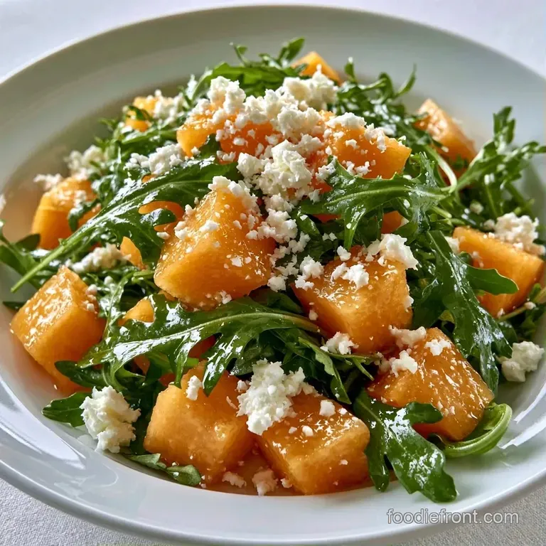 Vibrant orange melon wedges arranged in a circle on a white ceramic plate with a drizzle of lime and mint.