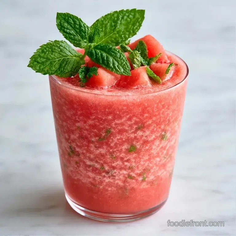 Frothy coral-colored beverage in a tall glass, garnished with a mint sprig and a small slice of fresh melon.