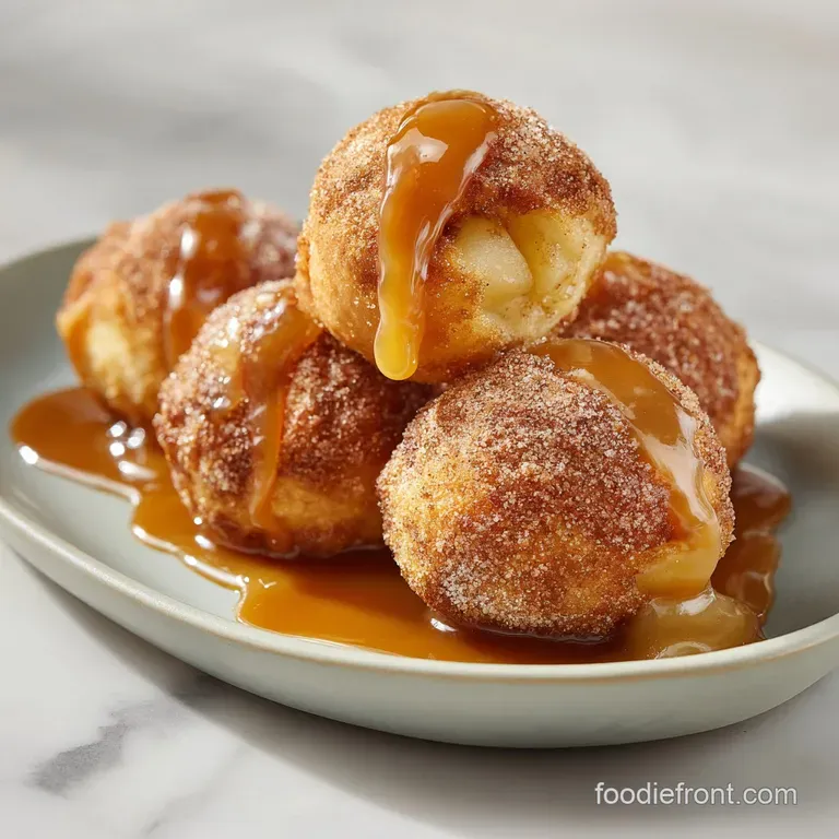 Flaky pastry spheres drizzled with glossy amber caramel, served on a white plate with a dusting of powdered sugar.