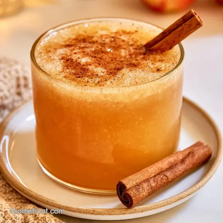 Golden apple cider in a clear glass mug beside a cinnamon stick on a rustic wooden table with warm lighting.