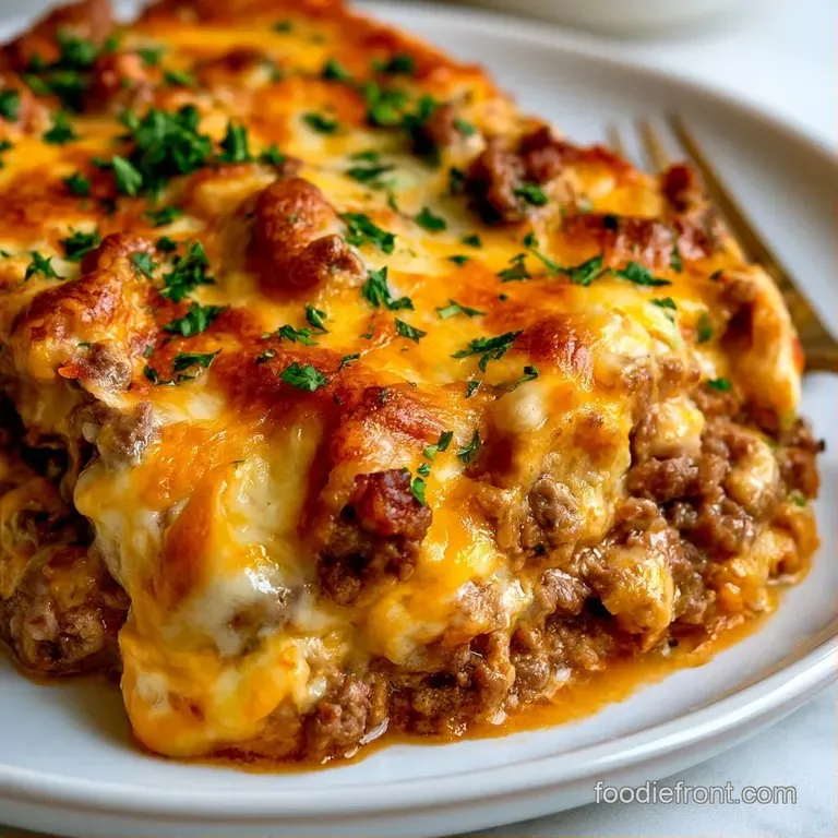 A square slice of savory beef and cheese bake on a slate plate, accented by a crisp leaf of bright green lettuce.