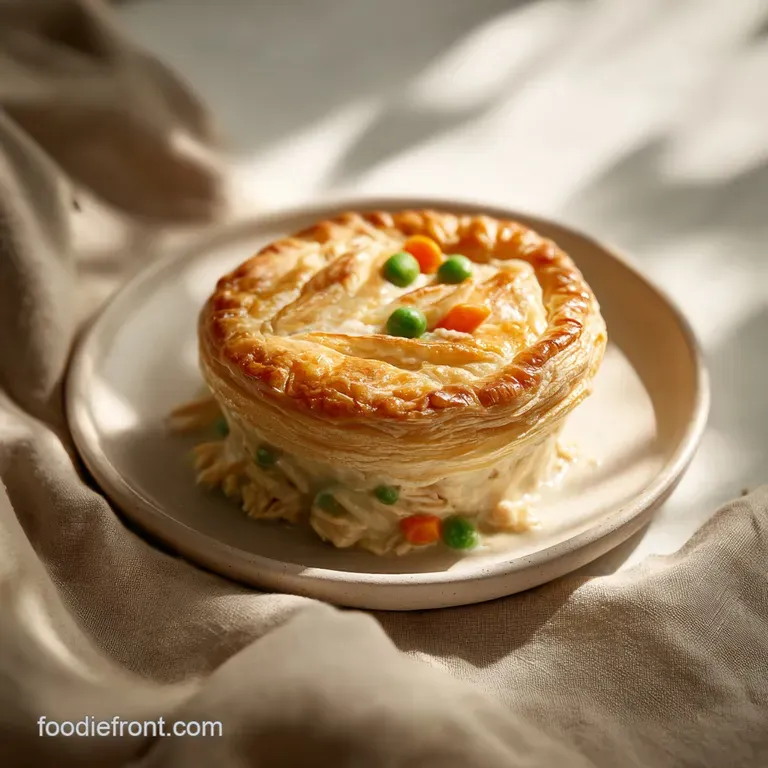 Individual ramekin of cheesy chicken pot pie with a perfectly browned crust. Fresh thyme sprig adds a touch of green.
