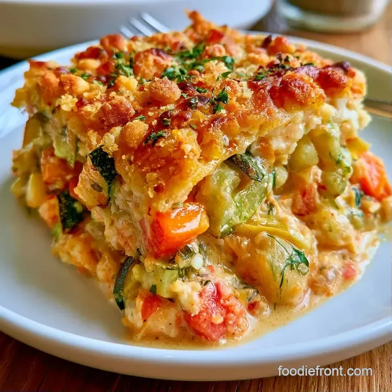 A neat slice of bubbly cheese-topped vegetables on a white plate, garnished with bright green chopped parsley