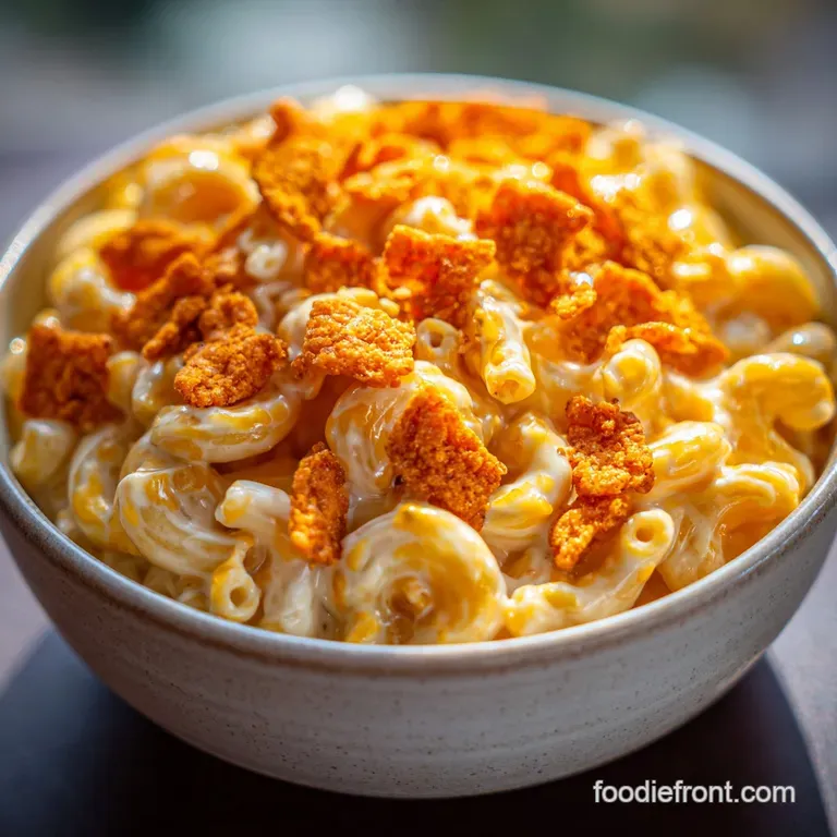 A swirl of vibrant orange mac and cheese, sprinkled with crunchy Cheetos, sits in a shallow bowl. A casual, fun dish.
