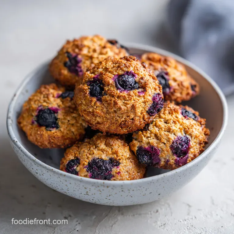 A neat stack of thick, oat-textured cookies on a white ceramic plate beside a linen napkin and fresh blueberries.