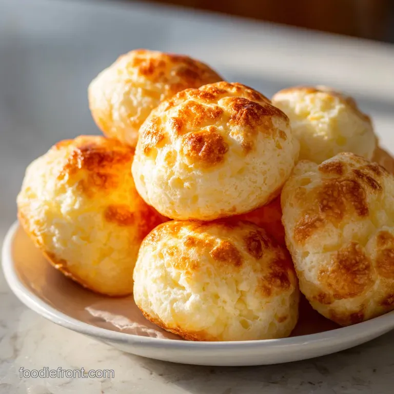 Three warm cheese breads on a white plate, steam rising, showing their golden crusts and soft, airy interiors, a tempting ...