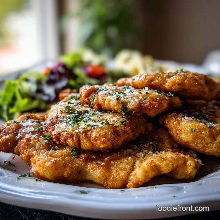Perfectly browned chicken fritta atop fettuccine alfredo; creamy sauce glistening under the light. Parsley and lemon zest ...