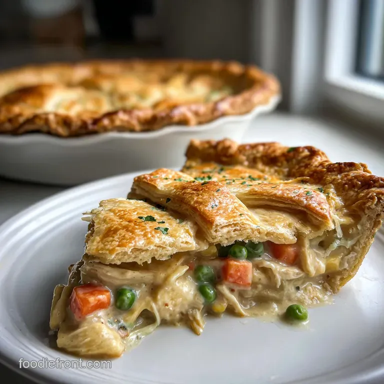 Individual chicken pot pie with a perfectly browned, crimped crust, garnished with fresh thyme sprigs on a linen napkin.