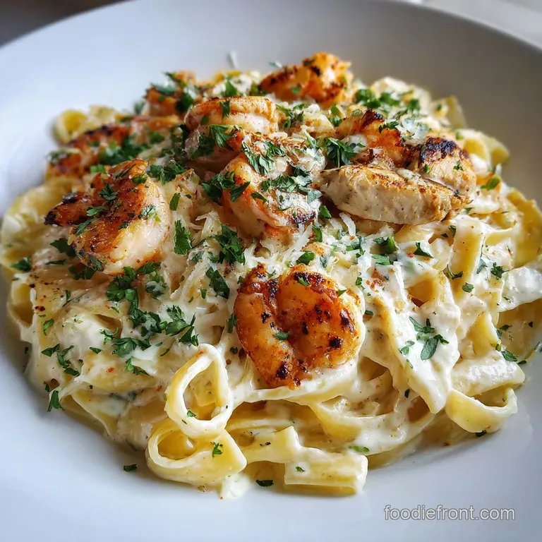 Elegant plate of Alfredo: glistening noodles, plump shrimp, tender chicken, topped with cracked black pepper and vibrant g...