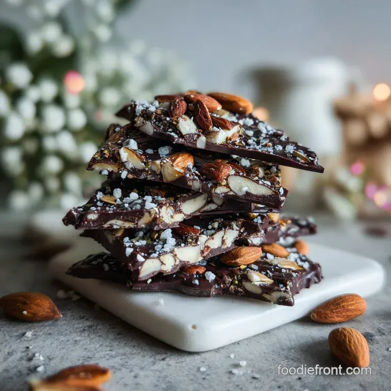Elegant shards of dark chocolate almond bark scattered artfully on a white marble surface. Light reflects off the glossy s...