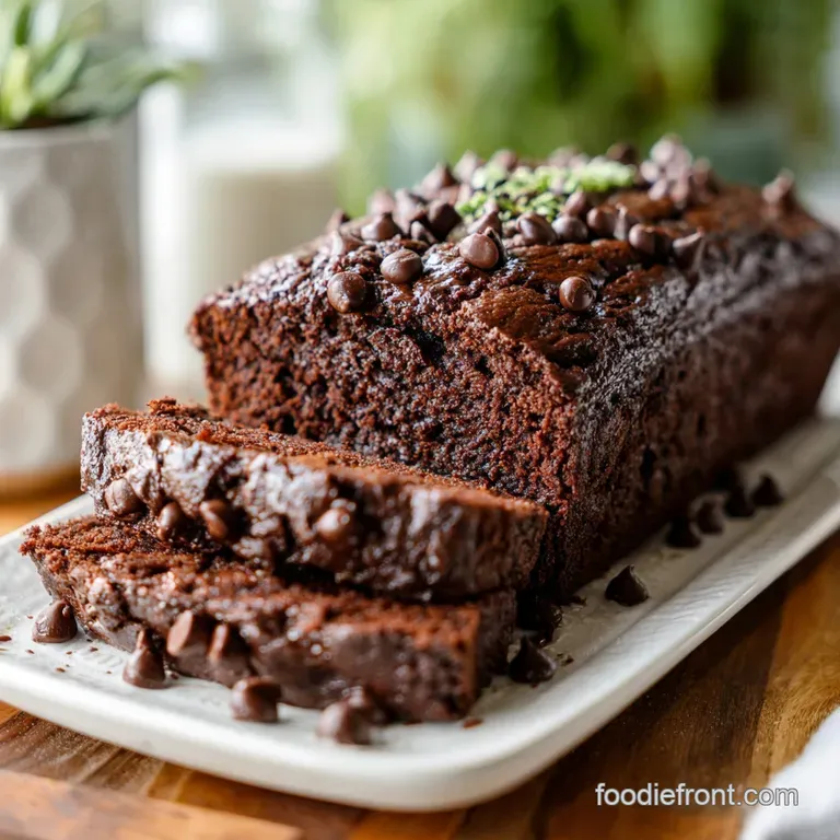 A warm slice of chocolate zucchini bread sits on a rustic plate, drizzled with a creamy swirl and topped with cocoa powder.