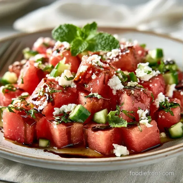 Vibrant red watermelon cubes and white feta crumbles arranged neatly on a slate board with fresh mint sprigs.