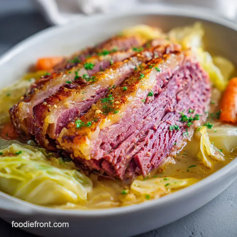 A thick slice of tender corned beef glistening with moisture, plated beside vibrant orange carrots and bright green cabbage.