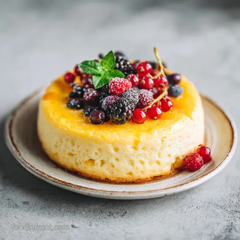 Slice of creamy white cake with light golden crust sits on a white plate, ready to be devoured on a table.