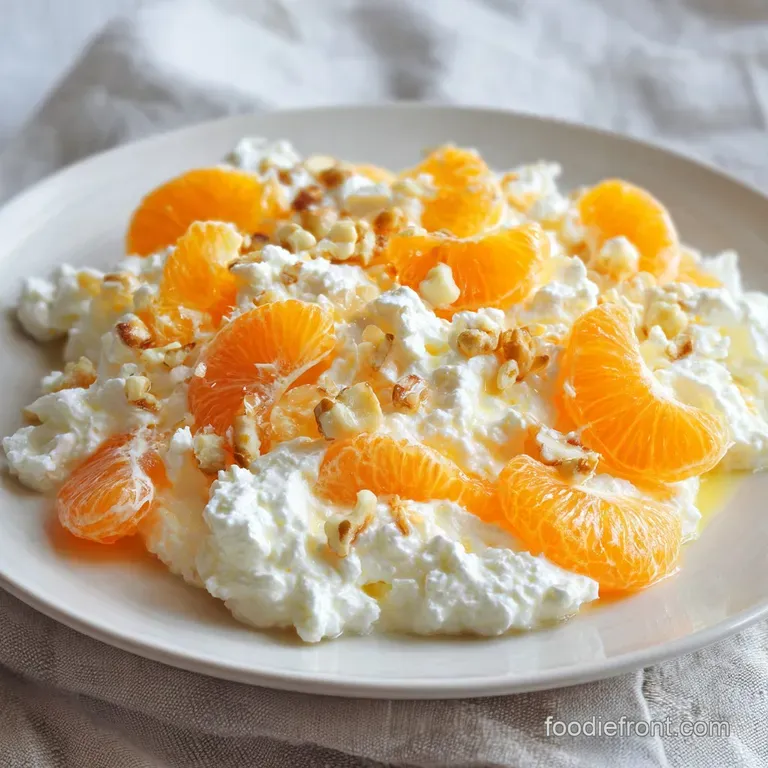 Scoop of fluffy cottage cheese salad, glistening with citrus juice, artfully plated with mandarin oranges and mint.