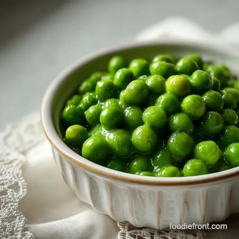 Steaming mound of bright green peas, artfully arranged on a white plate. Glistening with butter, garnished with fresh mint.