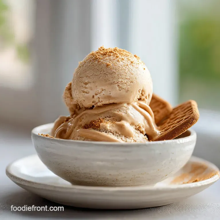 Scoop of light brown Biscoff ice cream in a glass bowl, topped with a whole Biscoff cookie and cookie crumb sprinkles.
