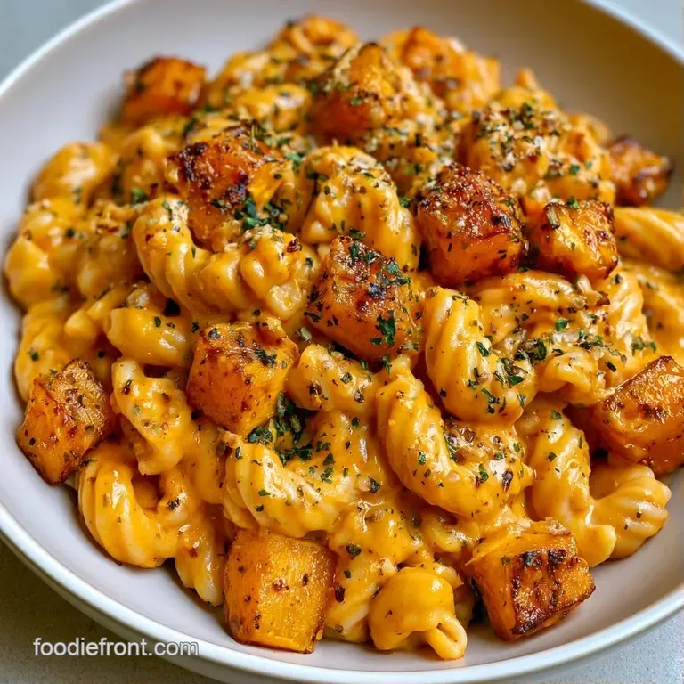 Elegant swirl of vibrant orange pasta in a matte white bowl, garnished with toasted nuts and fresh sage.