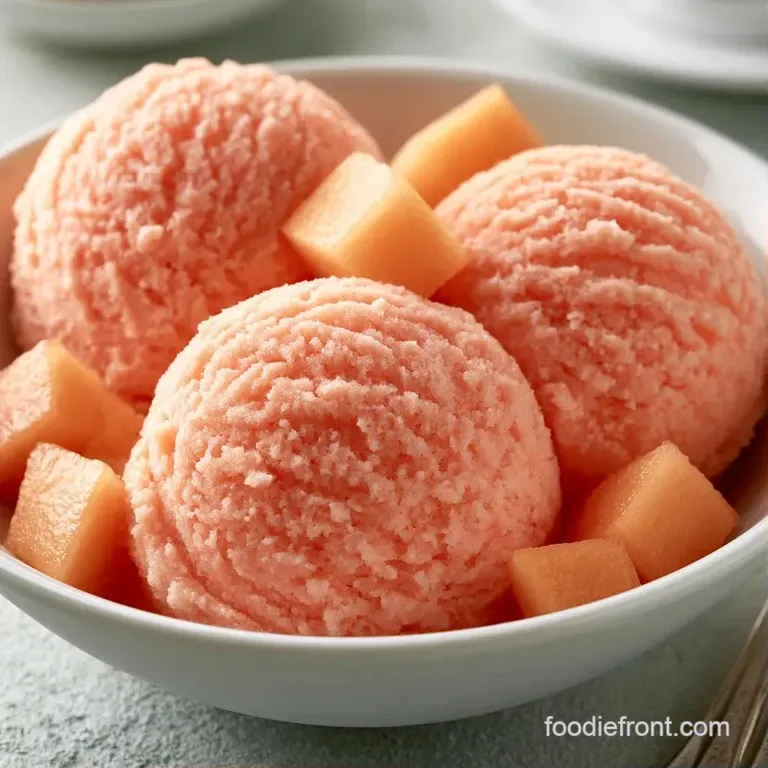 Three pale orange sorbet scoops in a crystal bowl topped with a sprig of mint and a small cube of fresh cantaloupe.
