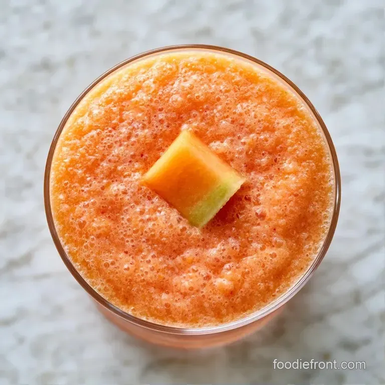 Chilled peach-colored drink in a slim glass with condensation, garnished with a mint sprig on a marble surface.
