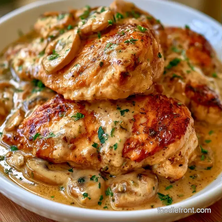 Perfectly seared chicken breast drizzled with a velvet mushroom sauce and fresh herbs on a polished white plate.