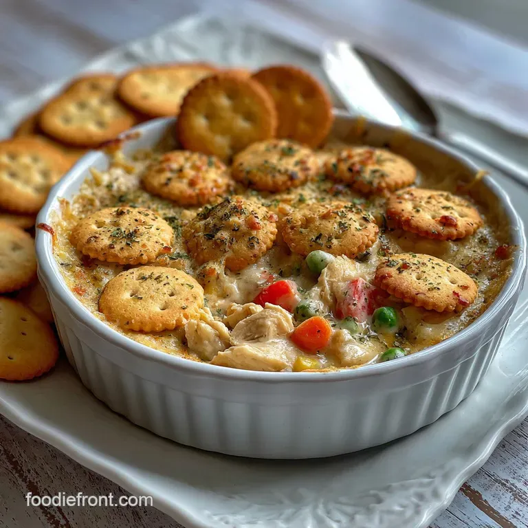 Creamy chicken casserole served in a white bowl. A golden, crispy Ritz topping contrasted by fresh parsley adds a pop of g...