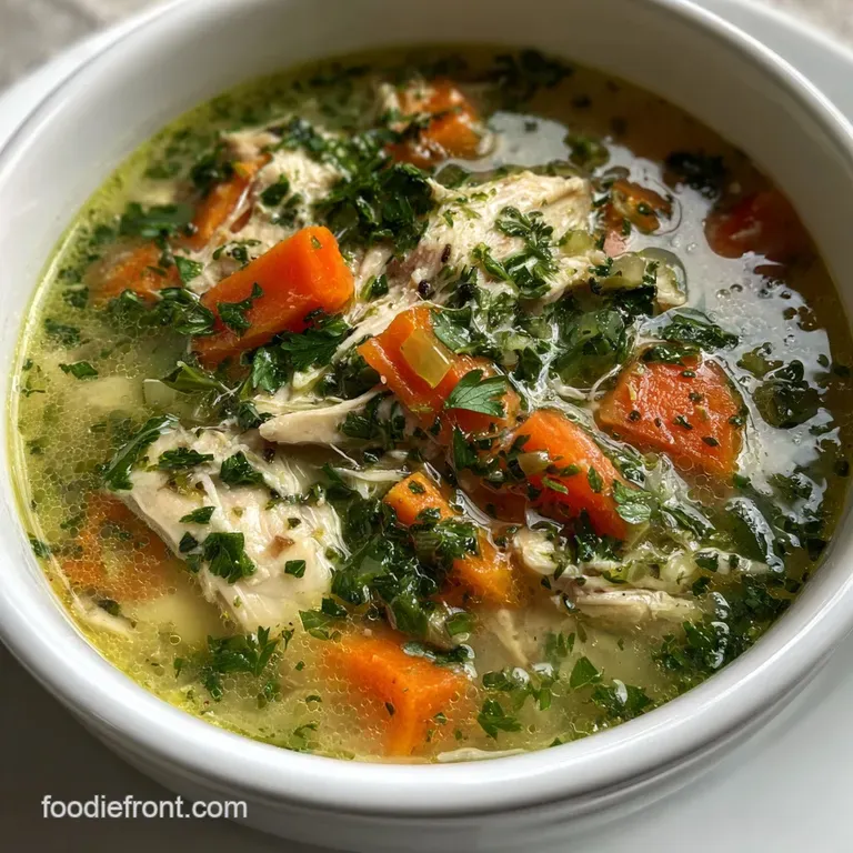 Elegant bowl of chicken soup, garnished with bright parsley. A swirl of cream adds richness. Light reflects off the glossy...