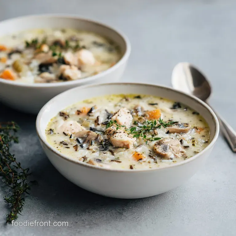 Elegant bowl of creamy soup with visible chicken chunks, wild rice, and herbs, garnished with a sprig of fresh parsley. Ru...