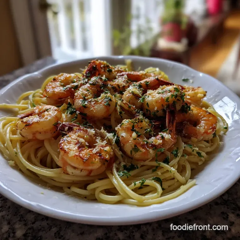 Elegant white plate showcasing a portion of pasta. Plump, pink shrimp peek through the creamy sauce, with a bright lemon w...