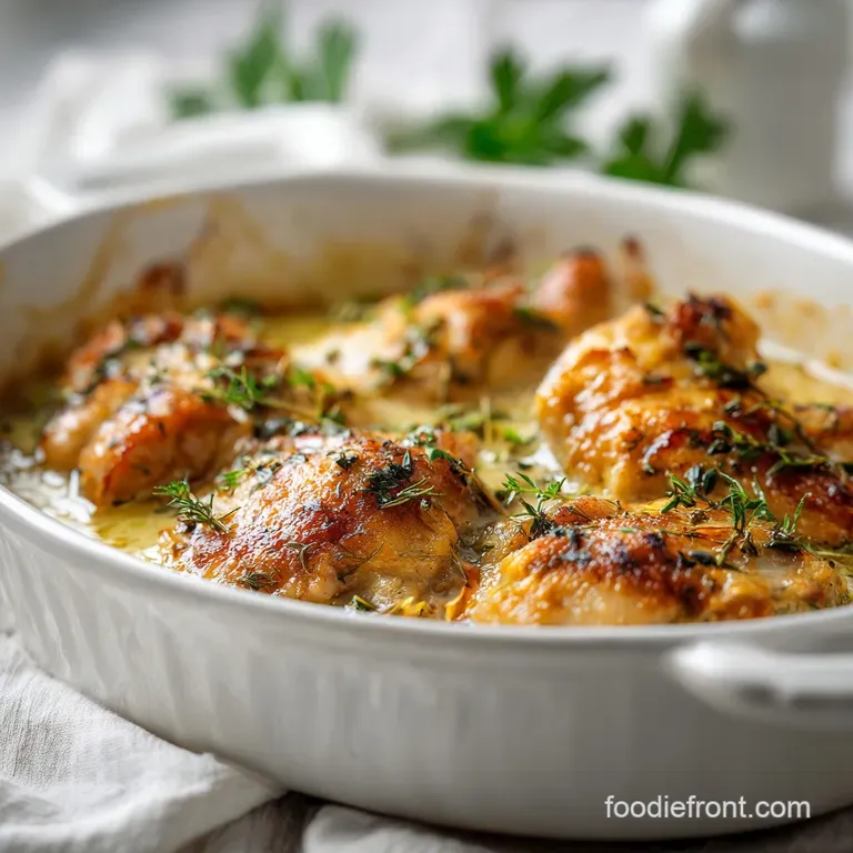 Creamy white chicken bake plated with vibrant green broccoli. Topped with melted cheese and a sprinkle of paprika for color.