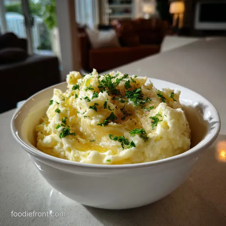 Silky smooth mashed potatoes artfully swirled on a white plate, a shallow pool of melted butter reflecting soft light. Ele...
