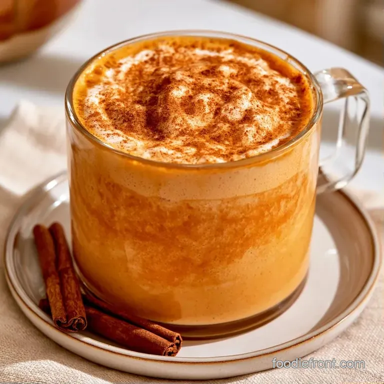 Golden-orange beverage in a glass mug on a rustic wooden tray beside a cinnamon stick and dried autumn leaves.