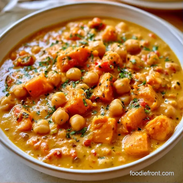 A shallow white bowl of rich orange stew garnished with coconut milk swirls and a sprig of fresh green cilantro.