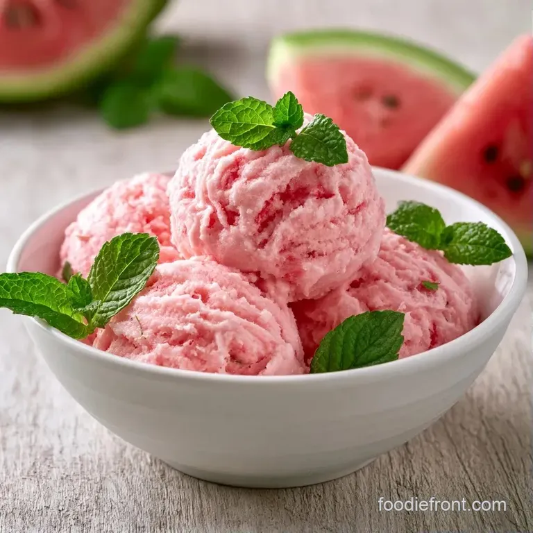 Two vibrant pink scoops on a white marble plate, drizzled with sweet cream and garnished with small melon balls.