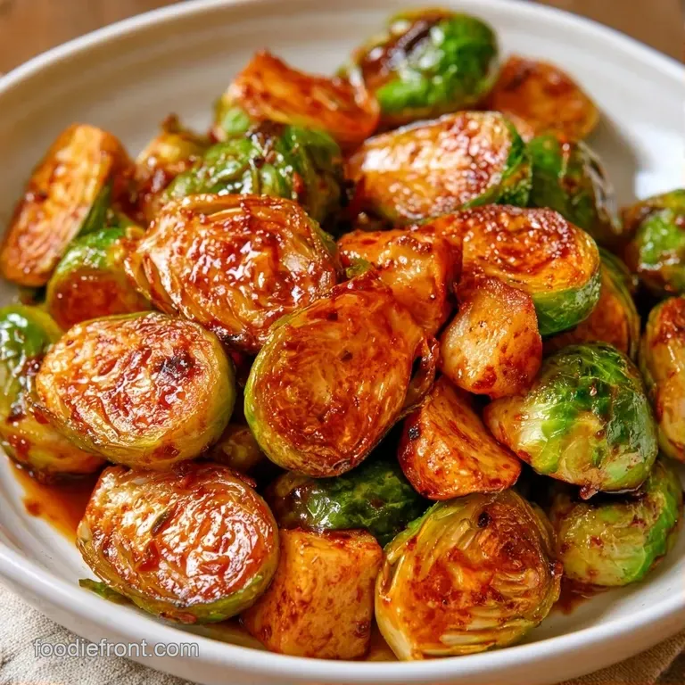 Charred green sprouts arranged neatly on a matte black plate, topped with toasted almonds and a drizzle of glaze.