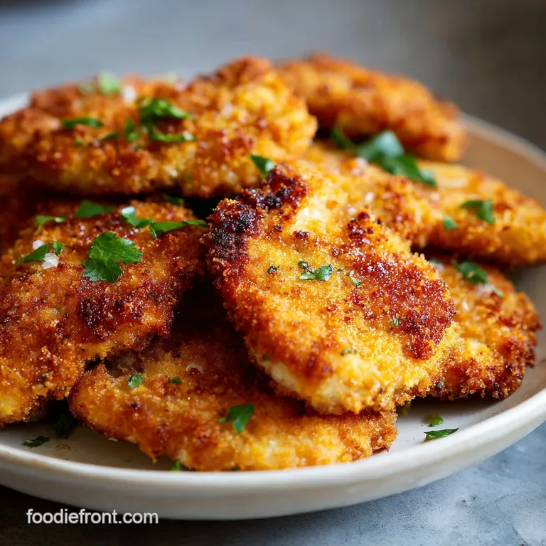 Perfectly browned chicken cutlet served with vibrant green salad. The juicy chicken contrasts nicely against the crisp gre...