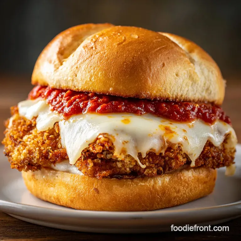 Chicken parm sandwich half, juicy chicken glistening under melted cheese, marinara sauce visible, inviting texture of brea...
