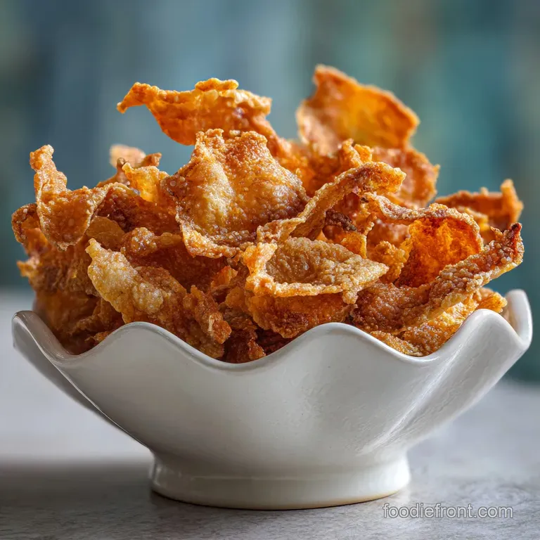 Crispy fried chicken skins, artfully arranged on a white plate with a sprinkle of herbs and a side of dipping sauce. Elega...